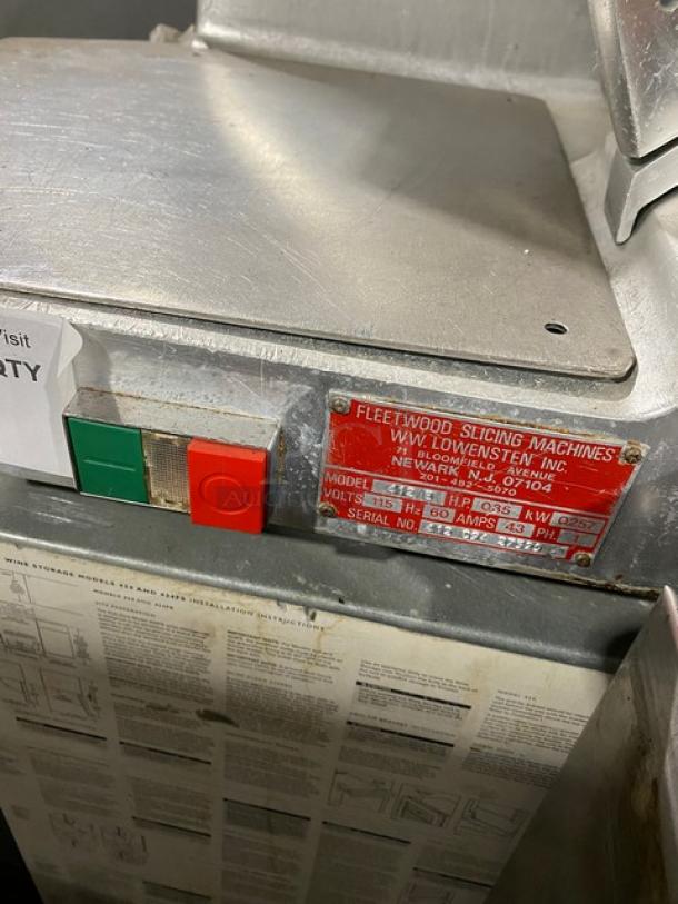 Fleetwood Commercial Stainless Steel Deli Meat Slicer, Model 412/B, SN: 412c9427529, 115V 1 Phase, control panel visible.
