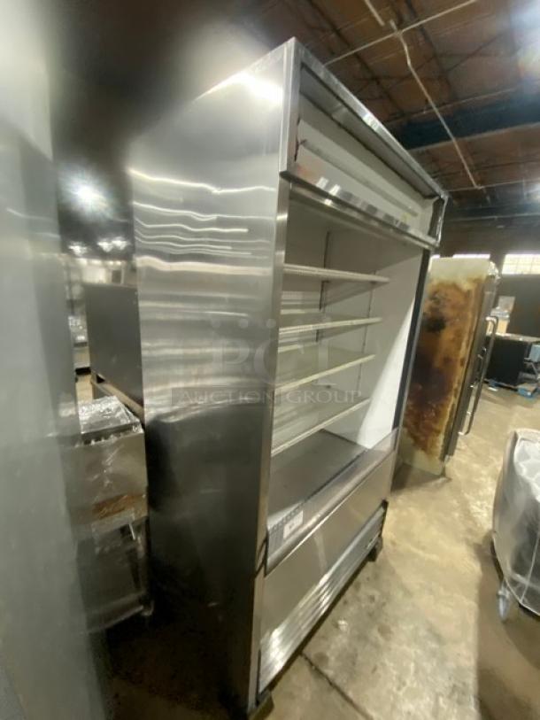 True TAC48LD stainless steel multi-tier refrigerated merchandiser, adjustable wired rack, on legs, model TAC-48-LD.