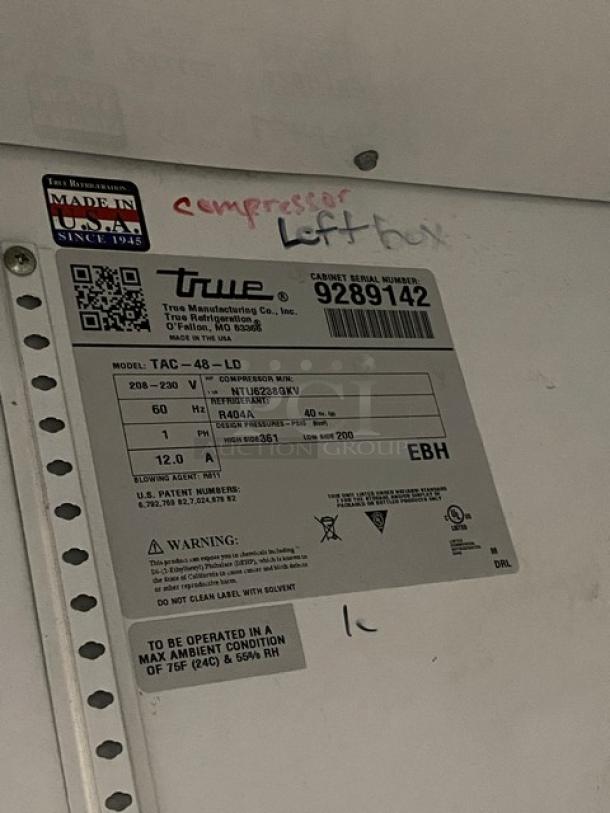 True commercial stainless steel refrigerated display case, model TAC-48-LD, SN: 9289142, with adjustable shelves.