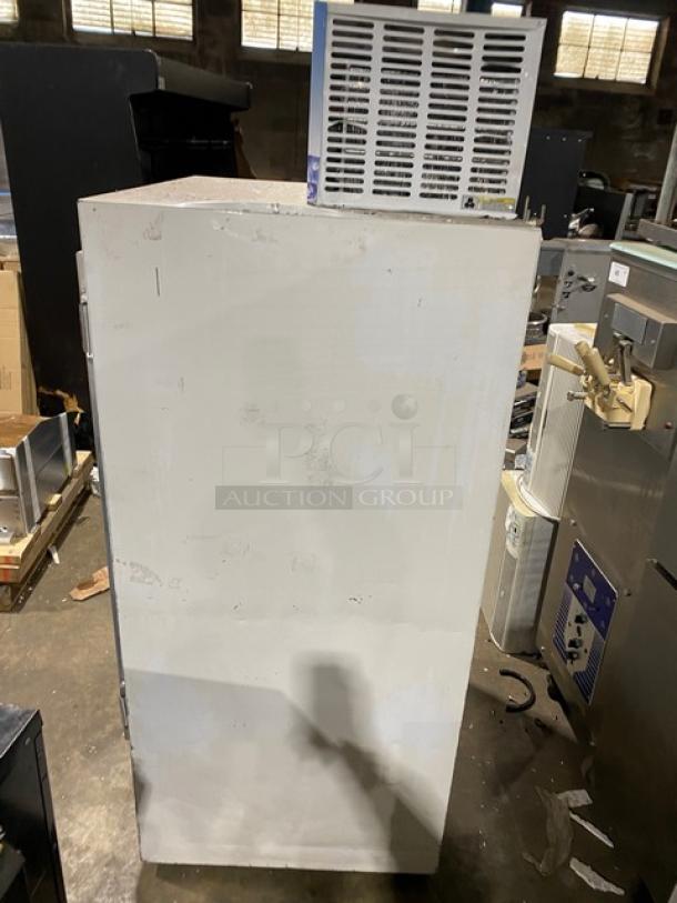 Leer Commercial Ice Merchandiser Freezer, Model 301UC25MG, single glass swing door, 115V, visible rust, SN: HAA-0404.