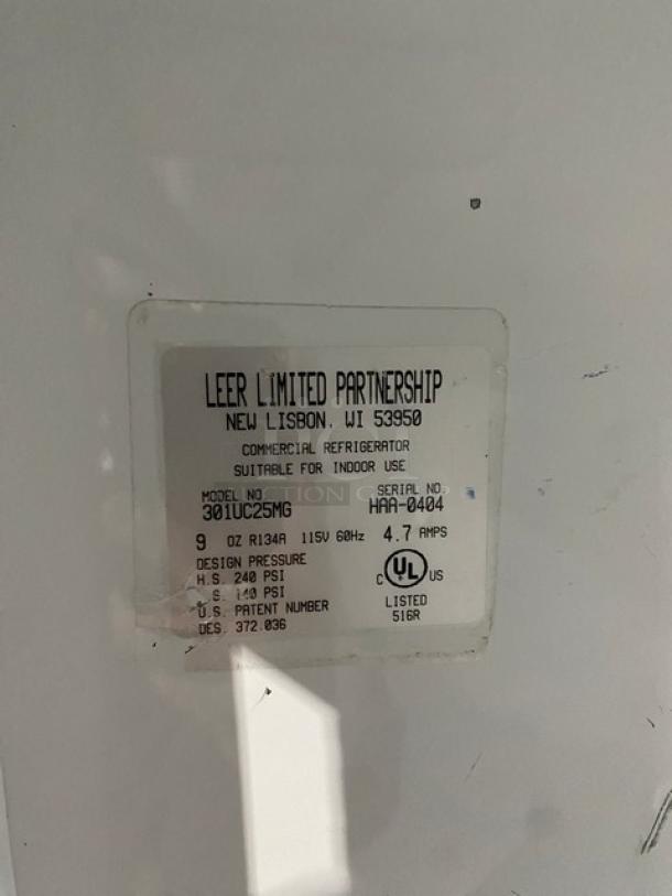Leer Commercial White Single Glass Swing Door Reach-In Indoor Ice Merchandiser Freezer, Model 301UC25MG, Serial HAA-0404, 115V.