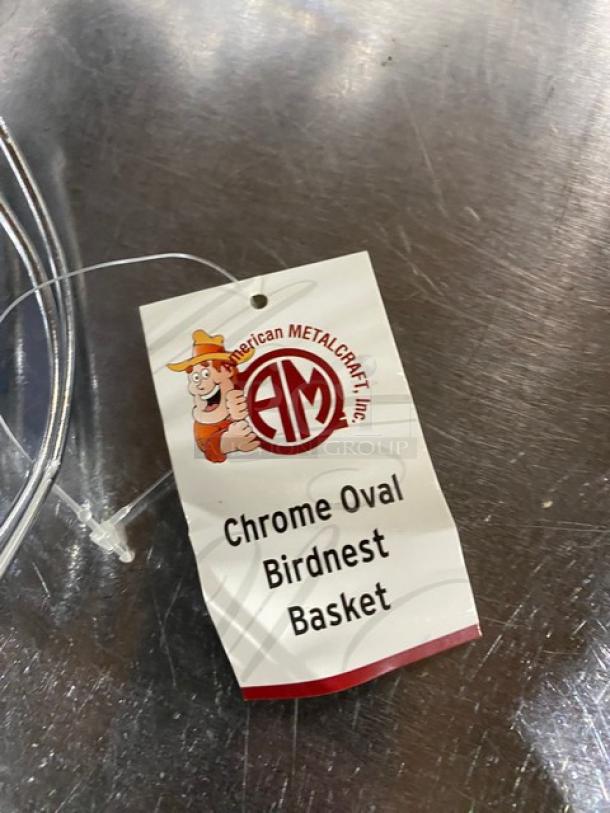 American Metalcraft chrome oval birdnest basket, model FRUC16, 9"x6", new condition, with product tag visible.
