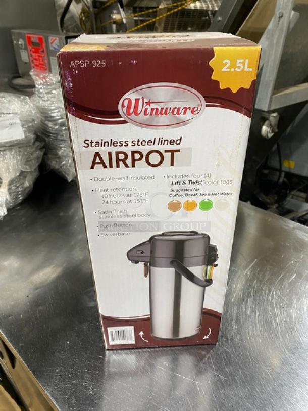 Winco Winware Series 2.5L airpot, satin finish, stainless steel, insulated, with push button, swivel base, color tabs, Model APSP-925.