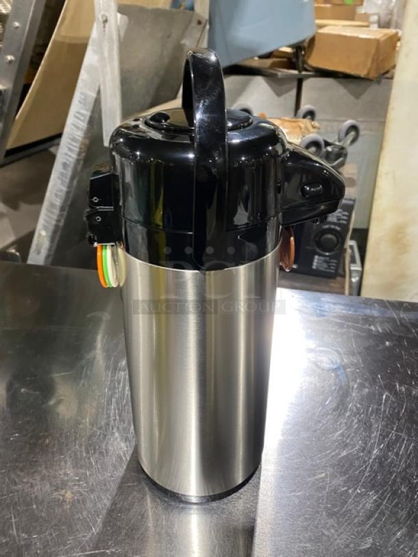 Winco Winware APSP-925 airpot, 2.5L, stainless steel, double-wall insulated, push button, swivel base, color tabs, new.