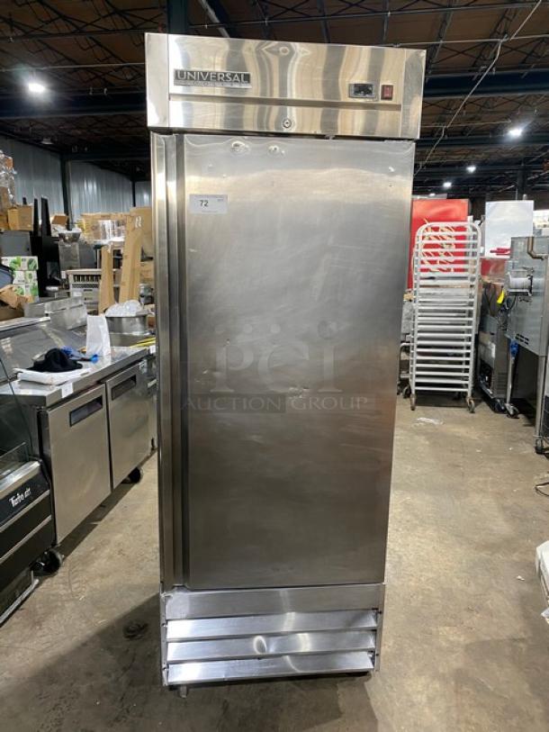 Universal commercial stainless steel single solid door reach-in freezer with a poly-coated wired rack on casters.