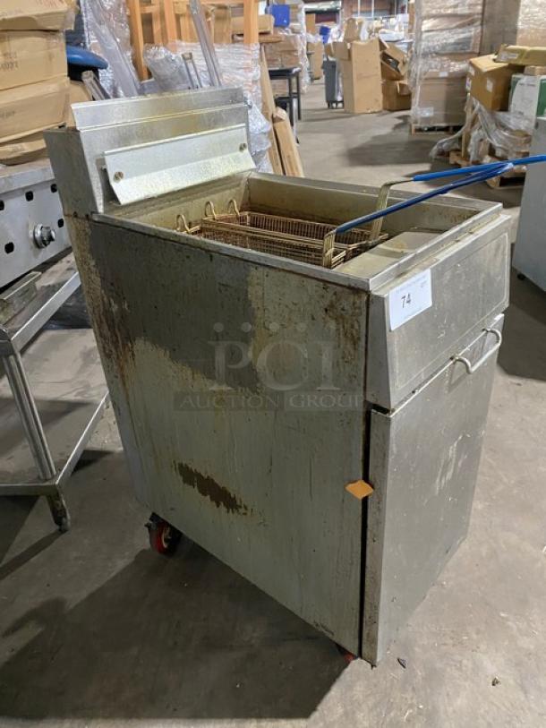 Frymaster GF14SD commercial stainless steel deep fat fryer, natural gas, with back splash, basket hanger, and fry basket. Used condition.
