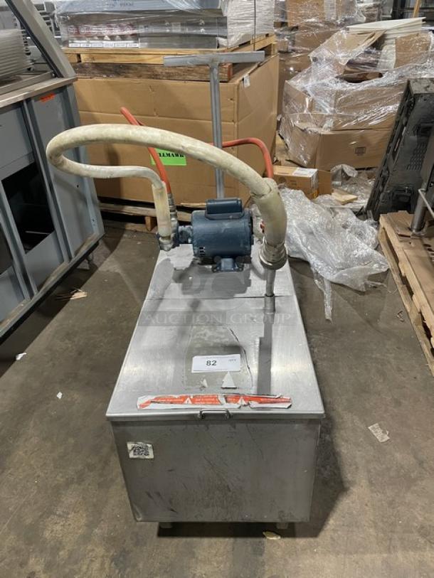 Darling Model 402 commercial stainless steel oil filter/caddy, 175 lb capacity, electric, 120V, on casters, used condition.