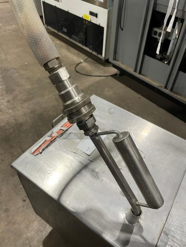 Darling Model 402 stainless steel portable cooking oil filter/caddy, 175 lb capacity, electric, 120V, on casters, with hose.