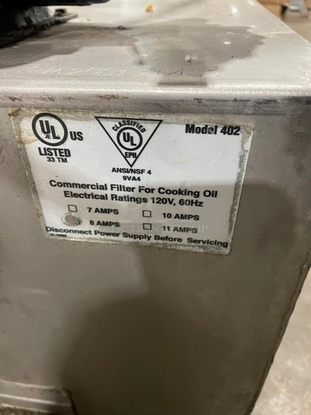 Darling Model 402 stainless steel cooking oil filter/caddy, 175 lb capacity, 120V, on casters, UL listed, commercial use.