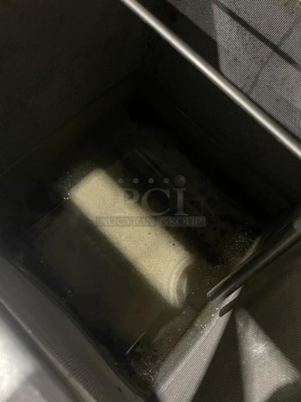 Darling Model 402 stainless steel cooking oil filter caddy with visible filter, 175 lb capacity, on casters, 120V electric.