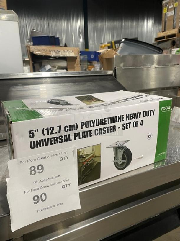 Focus Foodservice 5" Polyurethane Caster Set, Model FPCST5HD, with brakes and 4" stainless steel plate. New in box.
