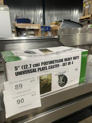 Focus Foodservice 5" Polyurethane Caster Set, Model FPCST5HD, with brakes and 4" stainless steel plate. New in box.