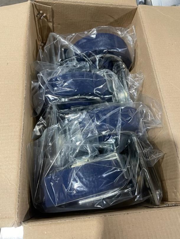 Focus Foodservice 5" Black Polyurethane Caster Set, Model FPCST5HD, with stainless steel mounting plates and brakes, new condition.