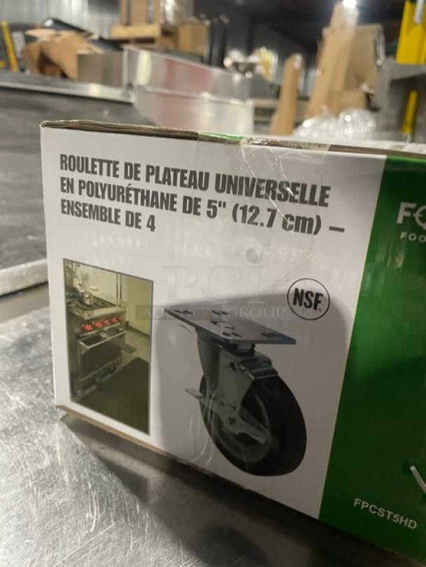 NEW Focus Foodservice 5" black polyurethane caster set with stainless steel mounting plate, model FPCST5HD, includes brakes.