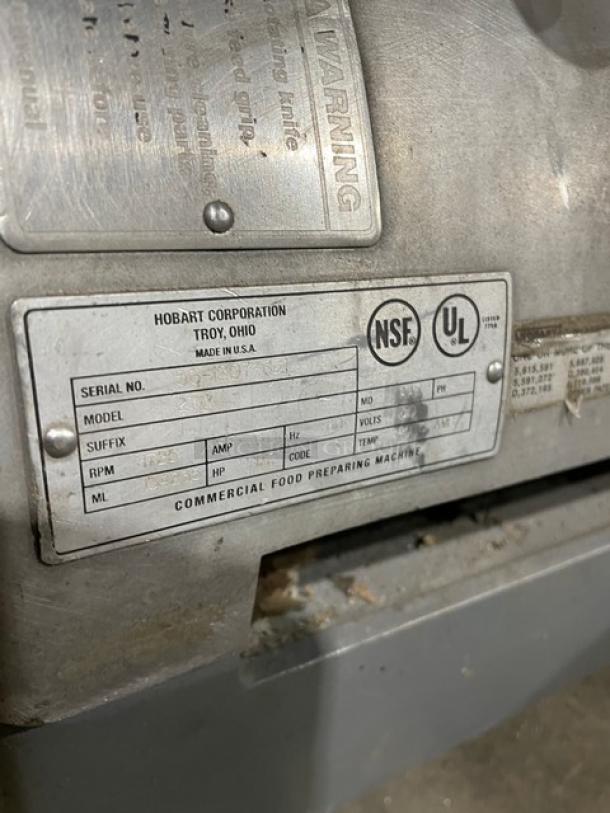 Hobart 2712 commercial electric deli slicer, semi-automatic, NSF, UL certified, 120V, 1 Phase, serial 56-1207-821, used.