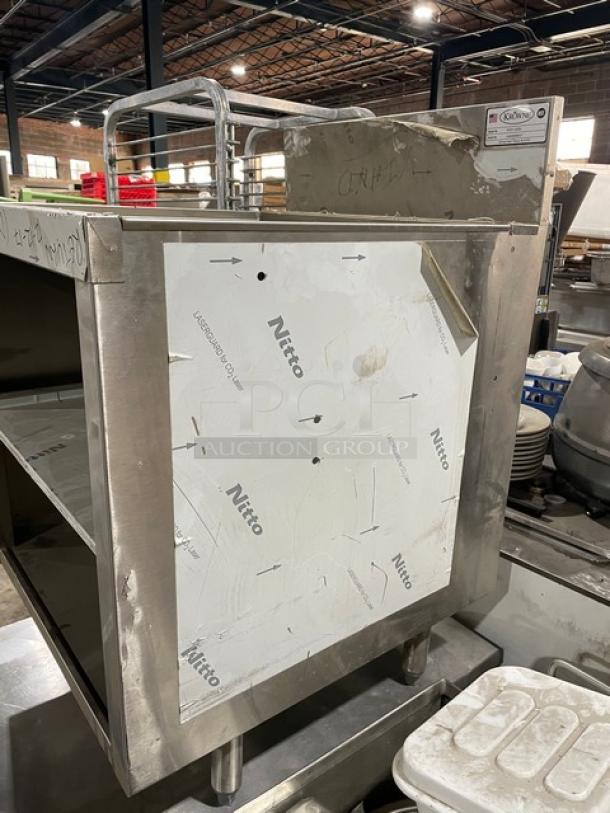 Krowne Royal 2100 Series stainless steel 2-tier underbar glass storage unit with drainboard, Model KR21-GSB3, scratch-n-dent condition, on legs.