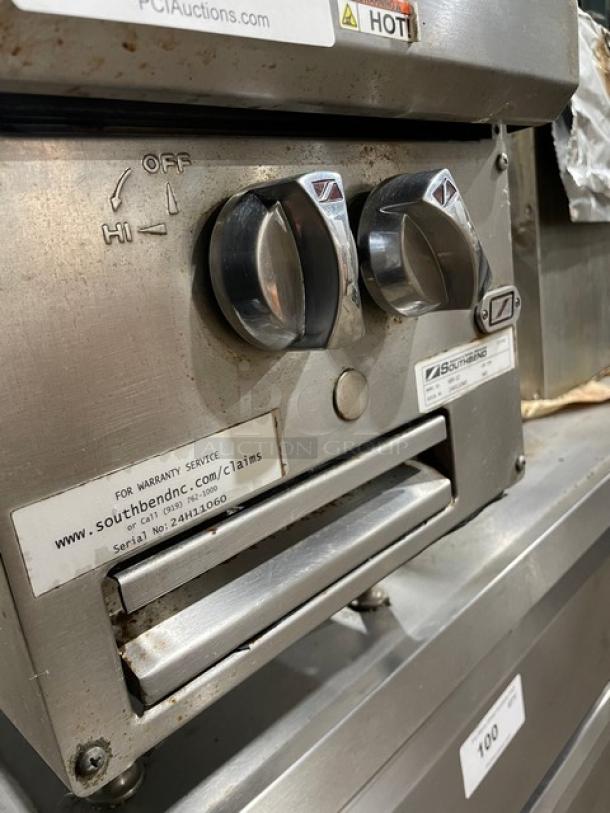 Southbend HDO12 stainless steel commercial 2-burner hotplate, natural gas, with dials and labels visible, on legs.