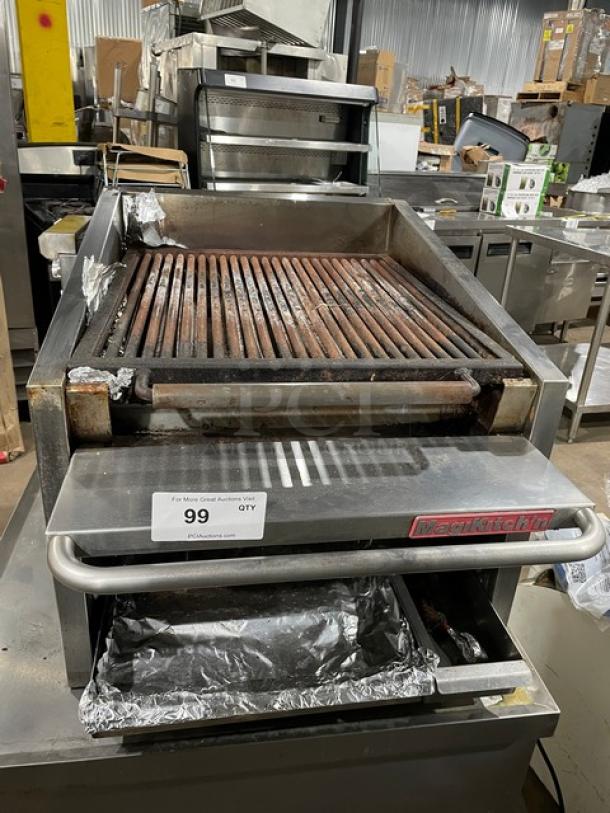 MagiKitch'n 624H stainless steel countertop char broiler, natural gas, used condition, visible model tag, grilling area.