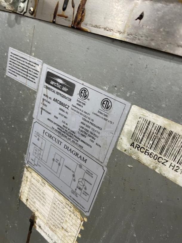 Arctic Air ARCB60CZ commercial stainless steel chef base, 62" with 2 drawers, on casters. Serial: H21271801, 115V, with labels.