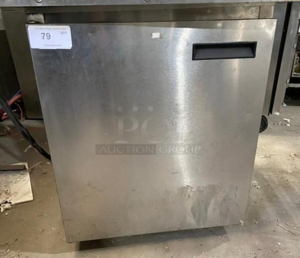 Delfield 406CA-DHL-DD1 stainless steel undercounter fridge, single door, coated wire rack, on casters, SN: 0503036101572-T.