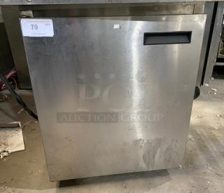 Delfield 406CA-DHL-DD1 stainless steel undercounter fridge, single door, coated wire rack, on casters, SN: 0503036101572-T.