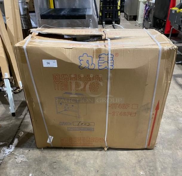 New Gaoji MHGF-2T46F stainless steel gas fryer in box. Model and item numbers visible on packaging.