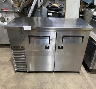 True Commercial Stainless Steel 2-Door Back Bar Cooler, Model TBB-24-48S, with black coated wired rack, 115V 1 Phase.