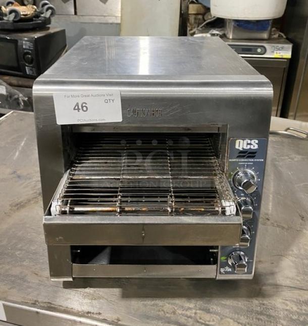 Star QCS Series stainless steel countertop conveyor toaster, model QCS-2-50C, with quartz-convection system. 120V, 1 phase.