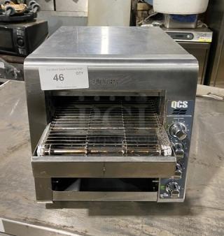 Star QCS Series stainless steel countertop conveyor toaster, model QCS-2-50C, with quartz-convection system. 120V, 1 phase.