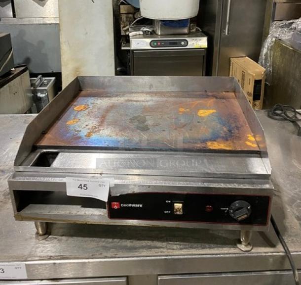 Cecilware EL1624 commercial stainless steel electric countertop griddle, 24" with thermostatic control, back and side splash, shows wear and rust, 240V, on legs.