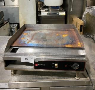 Cecilware EL1624 commercial stainless steel electric countertop griddle, 24" with thermostatic control, back and side splash, shows wear and rust, 240V, on legs.