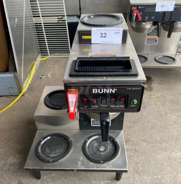 Bunn CWTF35 commercial coffee brewer with 4 warmer plates, hot water dispenser, heavy-duty brew basket. Good condition.