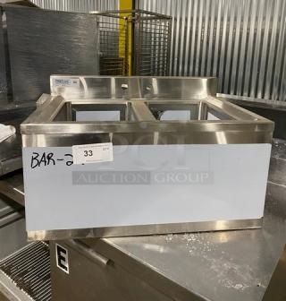 Prepline stainless steel 2-compartment underbar sink, model BAR-2C. Features 3" backsplash. Scratch-n-dent condition. Label shows "BAR-2C".