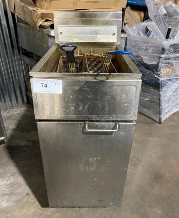 Frymaster GF14SD stainless steel deep fryer, natural gas powered, with back splash, basket hanger, fry basket, SN: 0003FM0962.