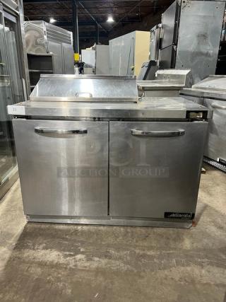 Continental SW48N8 stainless steel 2-door refrigerated prep table, 48", bain marie style, excellent condition, model SN: 15993006.