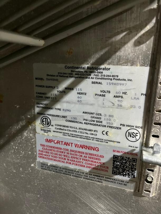 Continental SW48N8 refrigerated prep table label; details model, serial number, power supply, and refrigerant info.