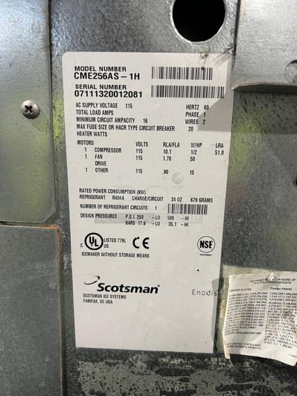 Scotsman Commercial Ice Machine CME256AS-1H, SN: 07111320012081, Stainless Steel, 115V, Air-Cooled, UL/NSF Certified.