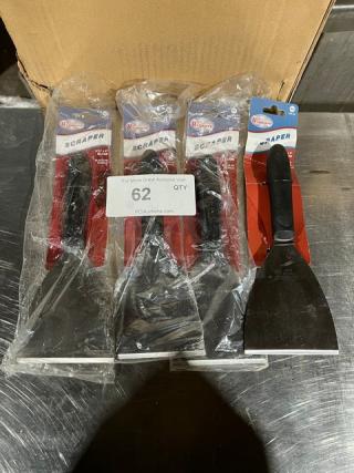Winco TKP-40 stainless steel scraper, new with black slip-resistant handle in packaging, set of four.