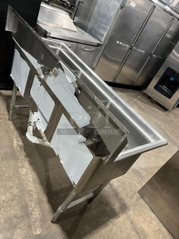 KCS commercial stainless steel 3-compartment dish washing sink with backsplash on legs. Used condition.