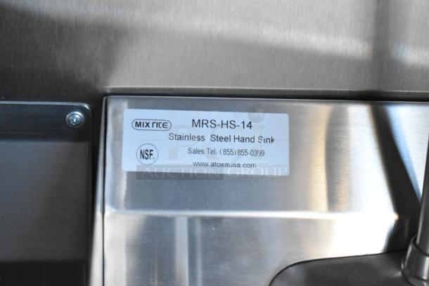 Stainless steel hand sink with Mix Rite label, model MRS-HS-14, NSF certified, featured in a 2021 Cruising Kitchens trailer.