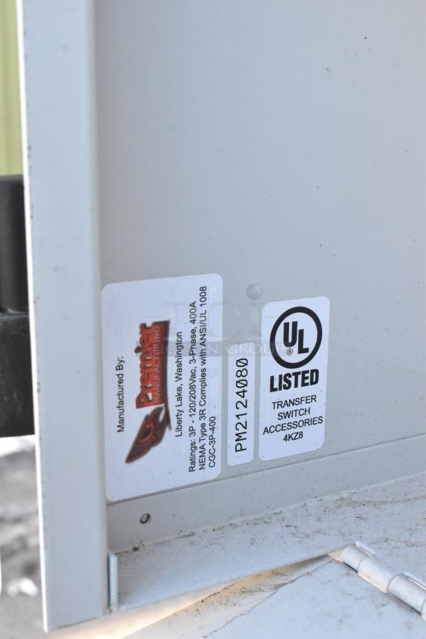 Label close-up on 2021 Cruising Kitchens 24' Burger King fast food trailer. UL listed for transfer switch accessories.