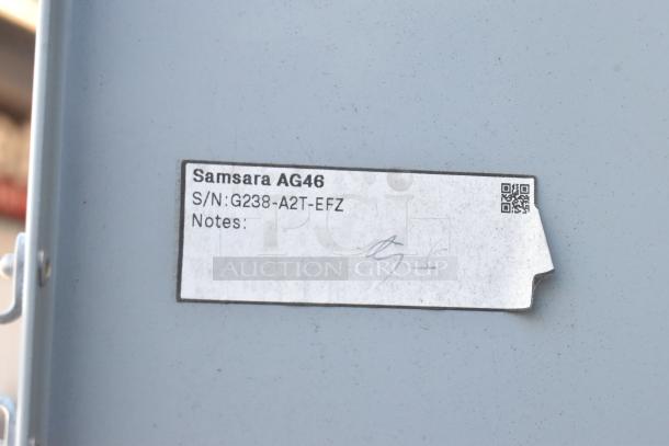 Label on exterior of the Burger King fast food trailer, noting "Samsara AG46" and serial number "G238-A2T-EFZ".