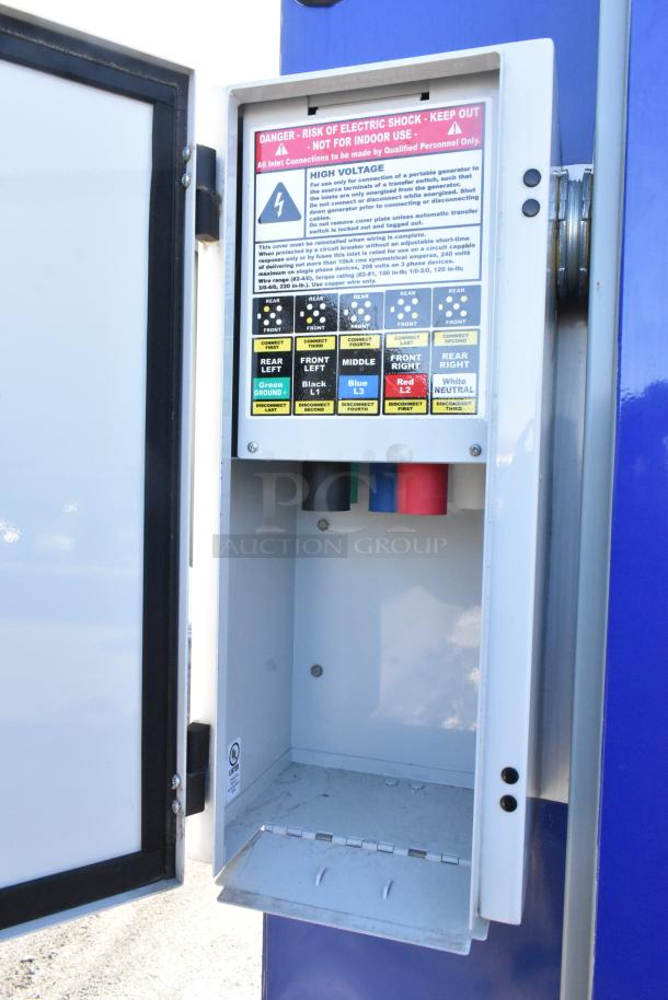 Electrical panel of a 2021 Cruising Kitchens 24' Burger King food trailer. High voltage warning and connection details visible.