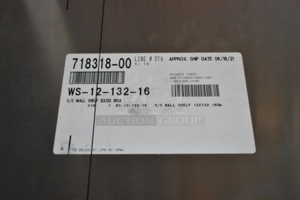 Label on stainless steel wall shelf, model WS-12-132-16, shipped 06/18/21, from Advance Tabco.