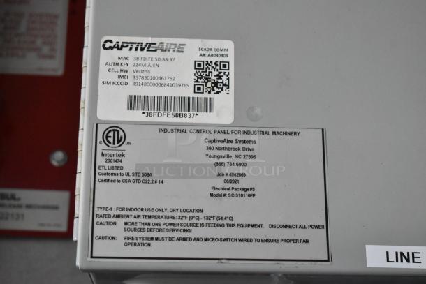 Industrial control panel label for CaptiveAire Systems, model SC-3101101FP. ETL listed, indoor use, fire system details visible.