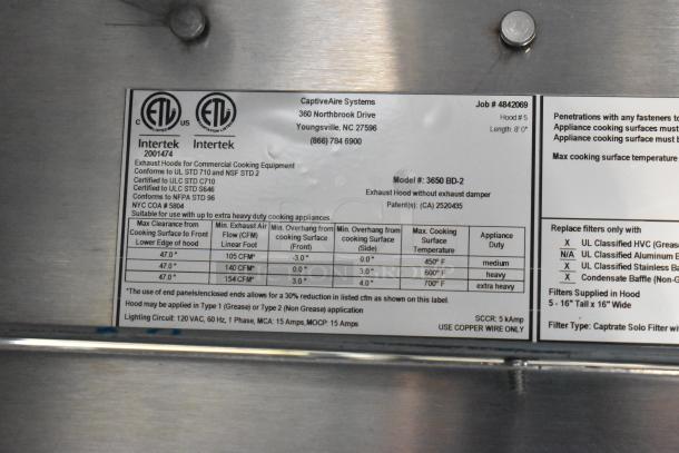 Label from CaptiveAire grease hood, model 3650 BD-2, showing specifications for use with heavy-duty cooking appliances.