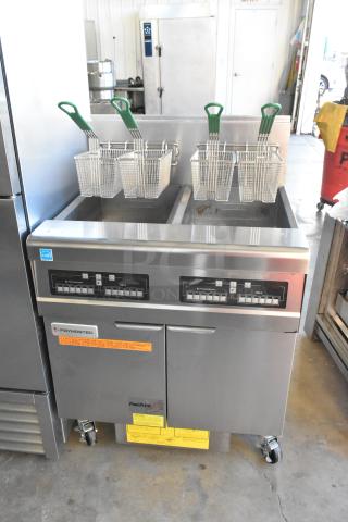 2021 Frymaster FPPH255CSE propane deep fryer with 4 baskets, stainless steel, filtration system, on casters, 80,000 BTU.