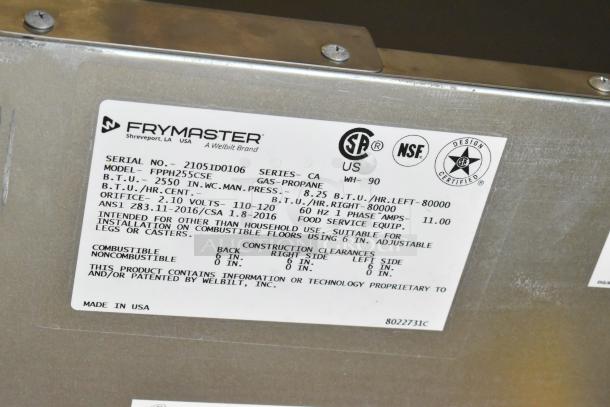2021 Frymaster FPPH255CSE commercial propane fryer tag, showing model, BTU specs, NSF certification, and manufacturing details.