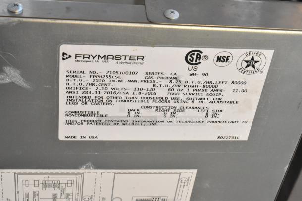 2021 Frymaster FPPH255CSE stainless steel propane deep fat fryer with filtration system, 4 baskets, 80,000 BTU, on casters.