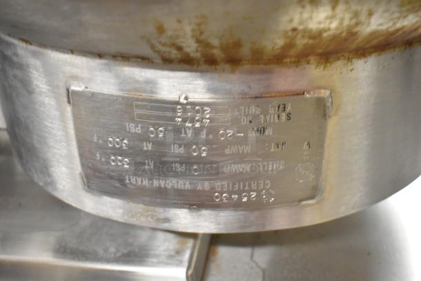 Steam table station with 2016 Vulcan K12ETT kettles, commercial casters. Visible serial and model numbers, stainless steel.
